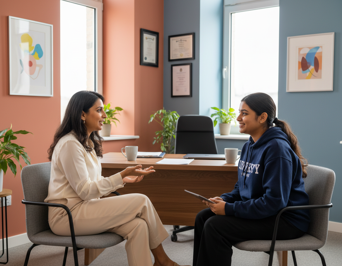 A senior advisor counselling a student at Vinayak K Academy